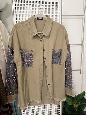 chic Tan Button-Front Shacket with Sequin Knit Sleeves